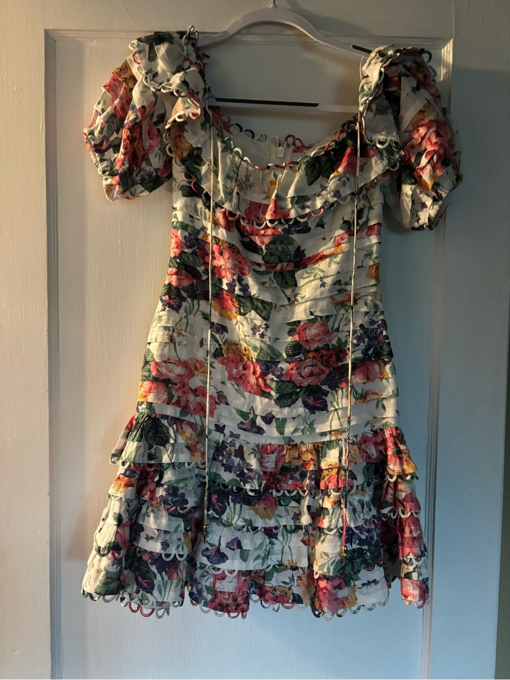 Zimmermann Floral Ruffle Mini Dress in White, Pink, Green